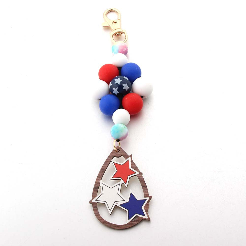 Wholesale American Independence Day Leather PU Wooden Sign Silicone Beaded Keychain